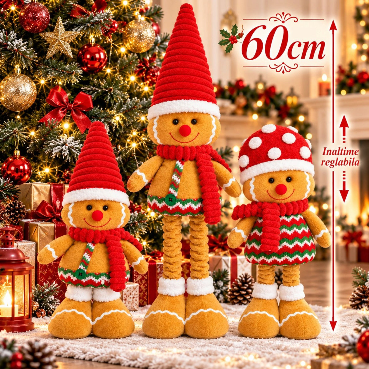 Figurina Decorativa 60cm de Craciun, cu Inaltime Reglabila, Model Omuleț de Turtă Dulce Engros