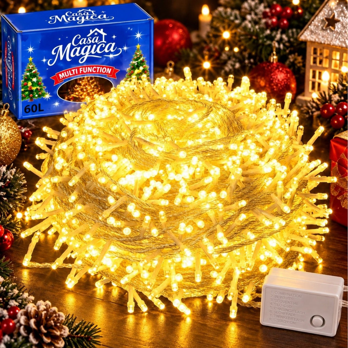 Instalatie LED 8m cu 60 MicroLED-uri, Fir Transparent, Lumina Alb Cald, Jocuri de Lumini si Efect Flash, pentru Craciun Engros