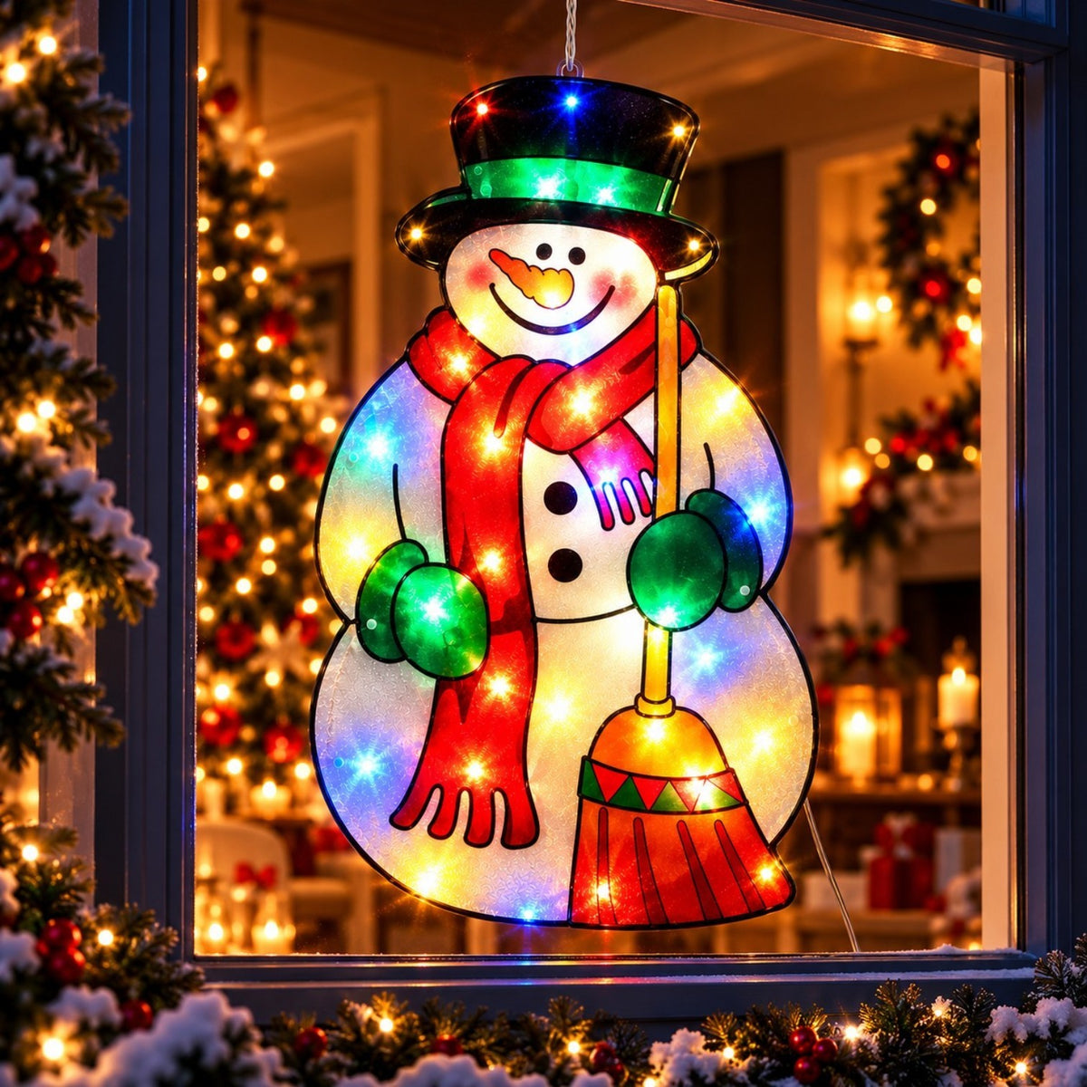 Decoratiune de Craciun 43.5x23 cm, Om de Zapada, Ornament Geam cu Instalatie LED Multicolora, Alimentare la Priza Engros