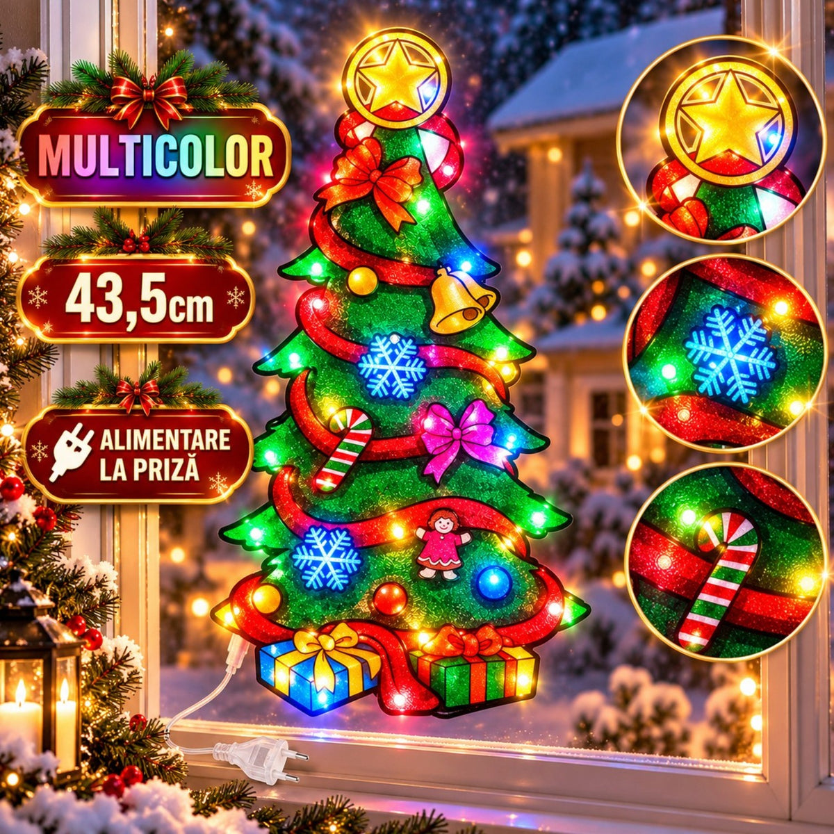 Decoratiune de Craciun Brad, 43.5x23cm, Ornament Geam cu Instalatie LED Multicolora, Alimentare la Priza Engros