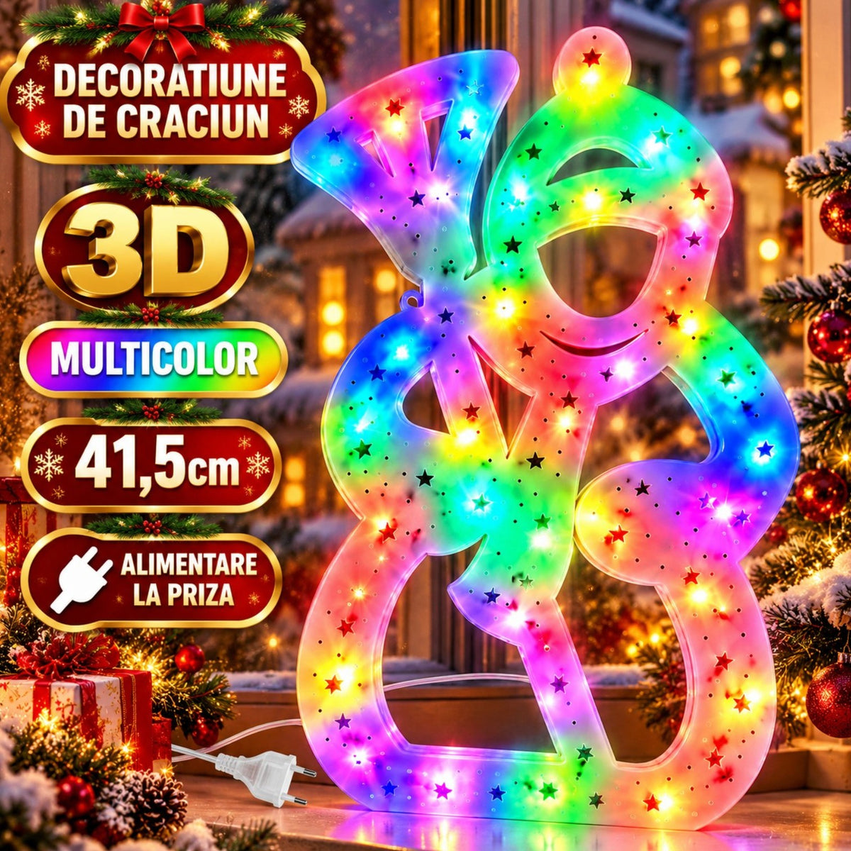 Decorațiune de Crăciun 41.5x25.5cm, Instalatie cu Lumină LED Multicoloră, Model Om de Zăpadă 3D Engros