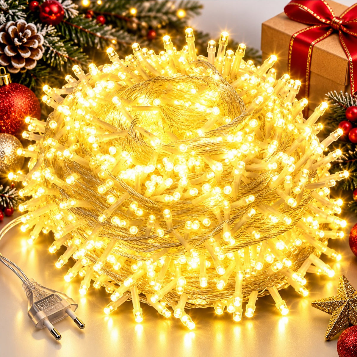 Instalatie LED 15m cu 150 MicroLED-uri, Fir Transparent, Lumina Alb Cald, cu Jocuri de Lumini si Efect Flash, pentru Craciun Engros