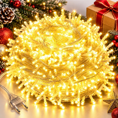 Instalatie LED 15m cu 150 MicroLED-uri, Fir Transparent, Lumina Alb Cald, cu Jocuri de Lumini si Efect Flash, pentru Craciun Engros