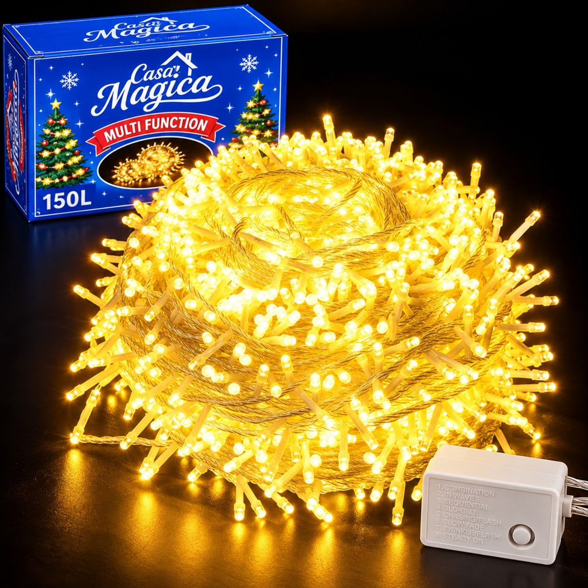 Instalatie LED 15m cu 150 MicroLED-uri, Fir Transparent, Lumina Alb Cald, cu Jocuri de Lumini si Efect Flash, pentru Craciun Engros