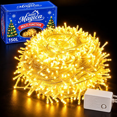 Instalatie LED 15m cu 150 MicroLED-uri, Fir Transparent, Lumina Alb Cald, cu Jocuri de Lumini si Efect Flash, pentru Craciun Engros