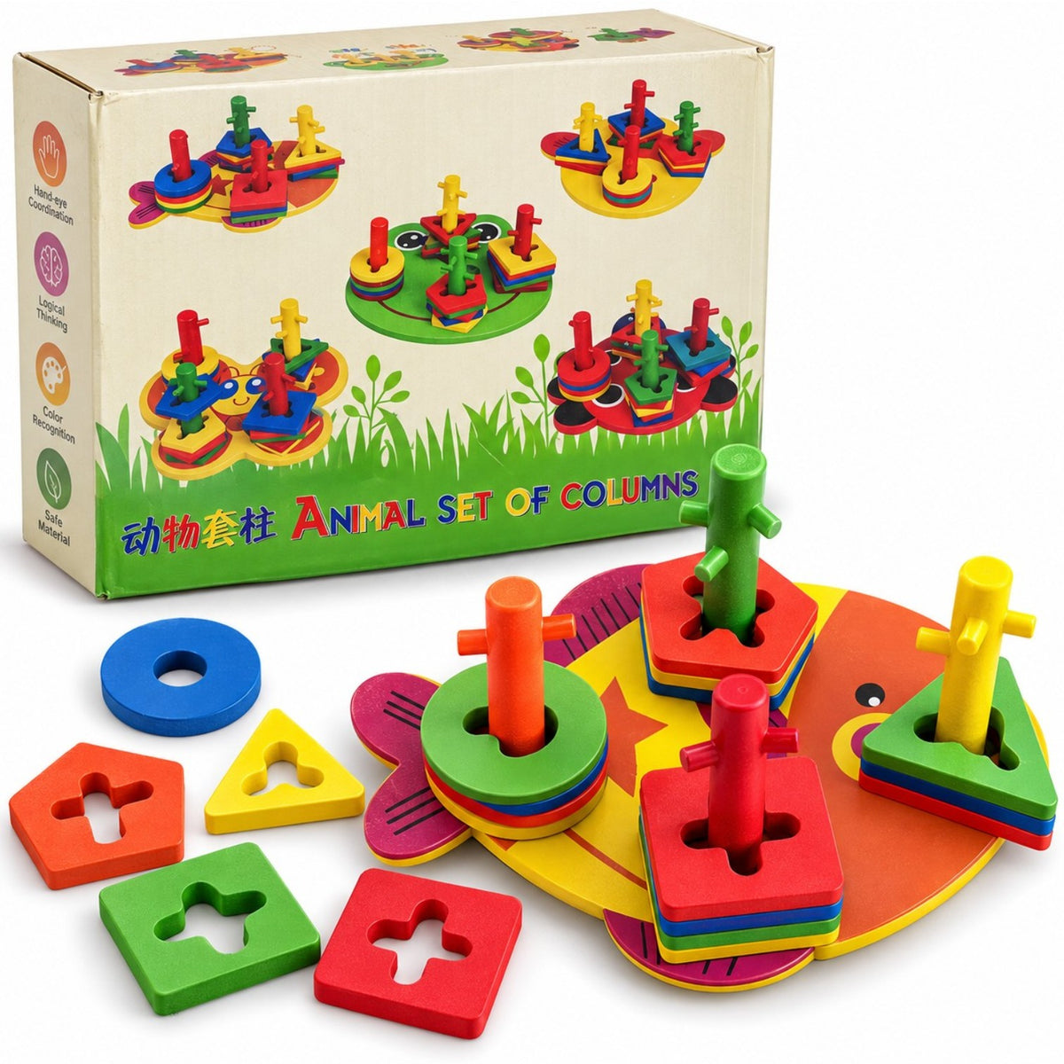 Joc Puzzle Educativ 20x10cm, din Lemn cu Forme Geometrice si Coloane, Multicolor, Diferite Modele Engros