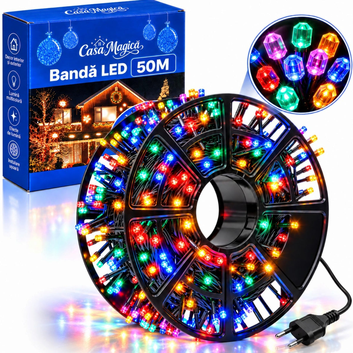 Instalatie LED pe Rola 50m, 240 LED-uri Multicolore, Fir Negru, Bec Mare Model Diamant, Protectie la Apa IP44, pentru Interior si Exterior, de Craciun Engros