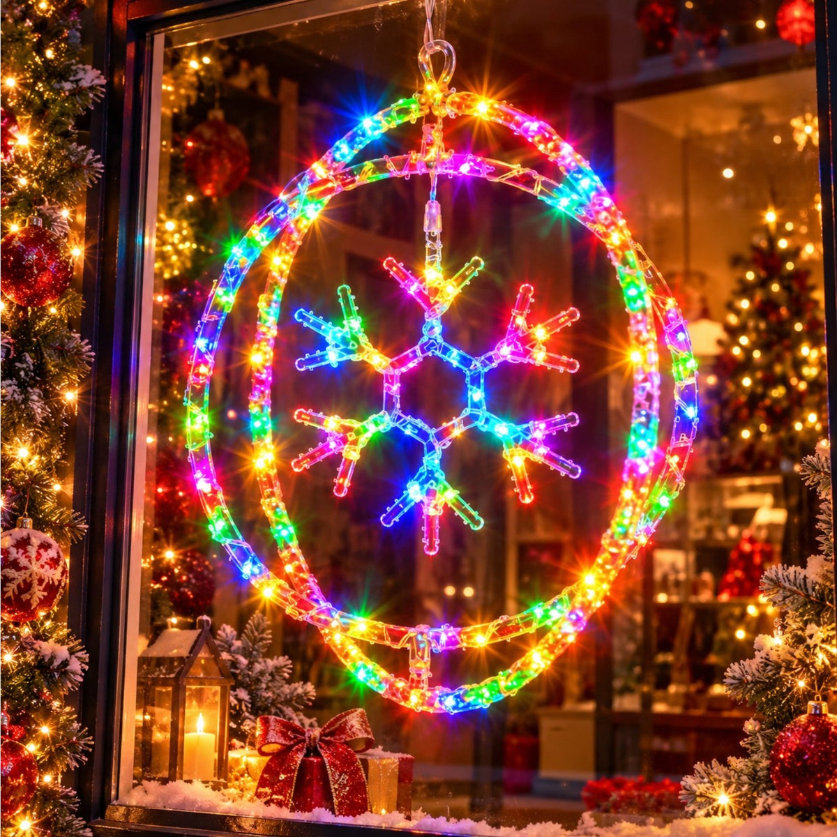 Instalatie LED 30cm, Decoratiune Crăciun, Model Fulg cu Lumină Multicoloră LED, Jocuri de Lumini si Efect Flash, Ornament Suspendat Transparent, pentru Geam Engros