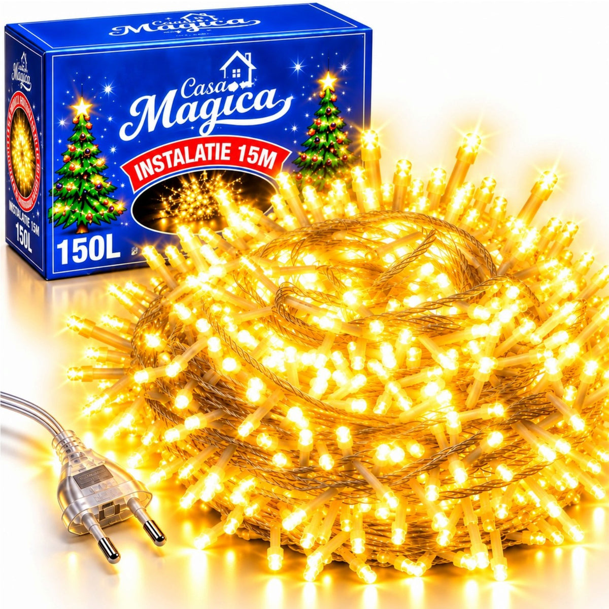 Instalatie LED 15m cu 150 MicroLED-uri, Fir Transparent, Lumina Alb Cald, cu Jocuri de Lumini si Efect Flash, pentru Craciun Engros