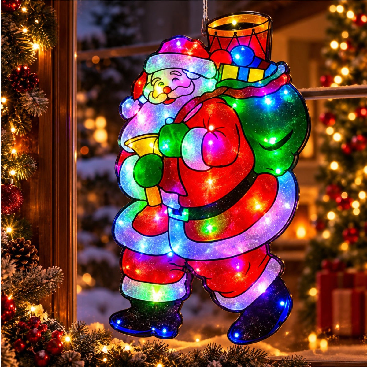 Instalatie LED 45x23cm Decoratiune de Geam Mos Craciun cu Lumina LED Multicolora, Model 3D, Alimentare la Priza pentru Craciun Engros