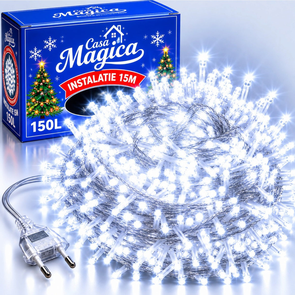 Instalatie LED 15m cu 150 MicroLED-uri, Fir Transparent, Lumina Alb Rece, cu Jocuri de Lumini si Efect Flash, pentru Craciun Engros
