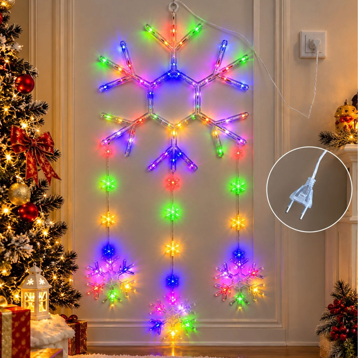 Instalatie LED de Craciun 101cm, Decoratiune Model Fulg de Nea, Lumina Multicolora, Jocuri de Lumini si Efect Flash, pentru Geam Engros