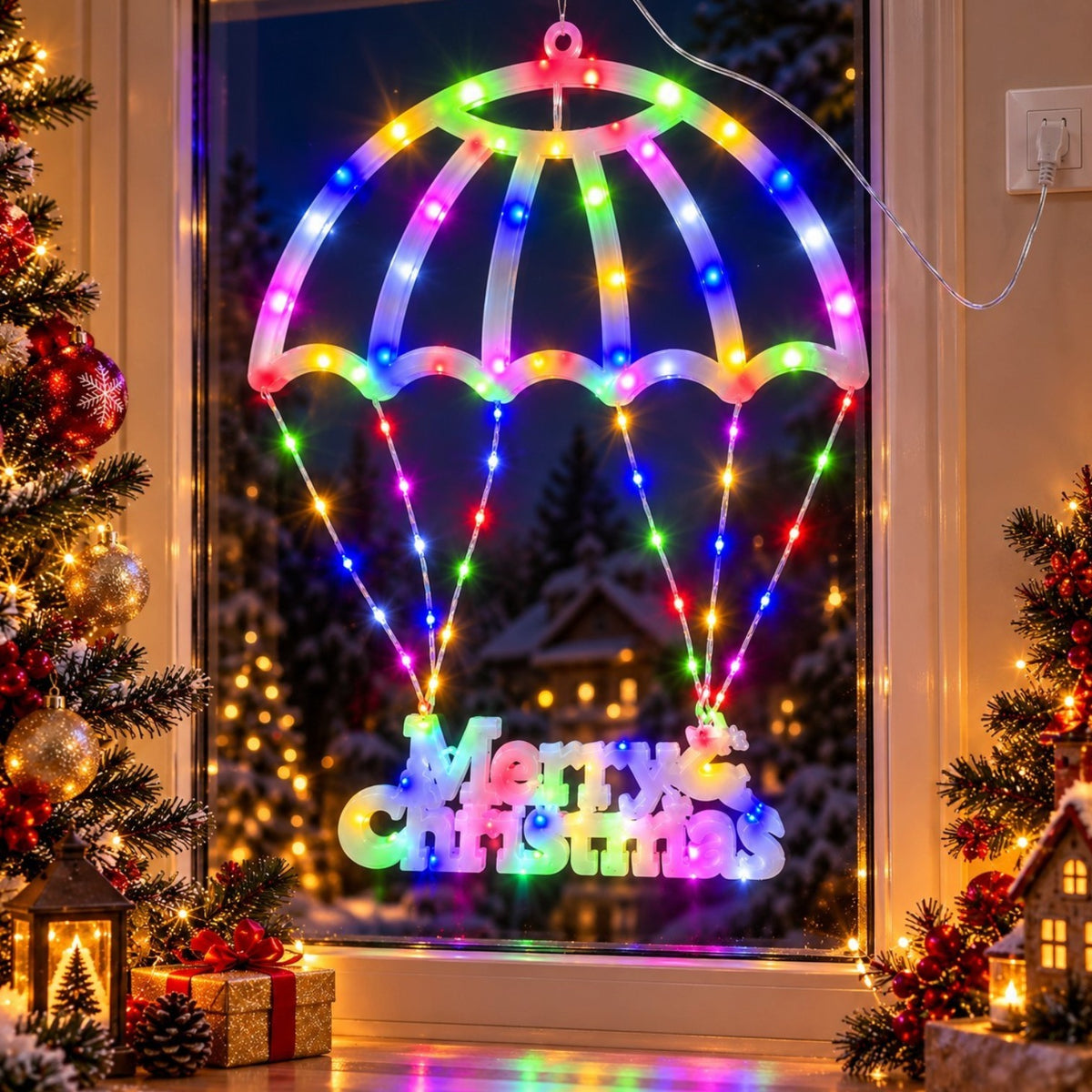 Instalatie Decorativa LED Umbrela Merry Christmas 69x50cm, Lumina Multicolora, Jocuri de Lumini si Flash, Decoratiune de Craciun Engros