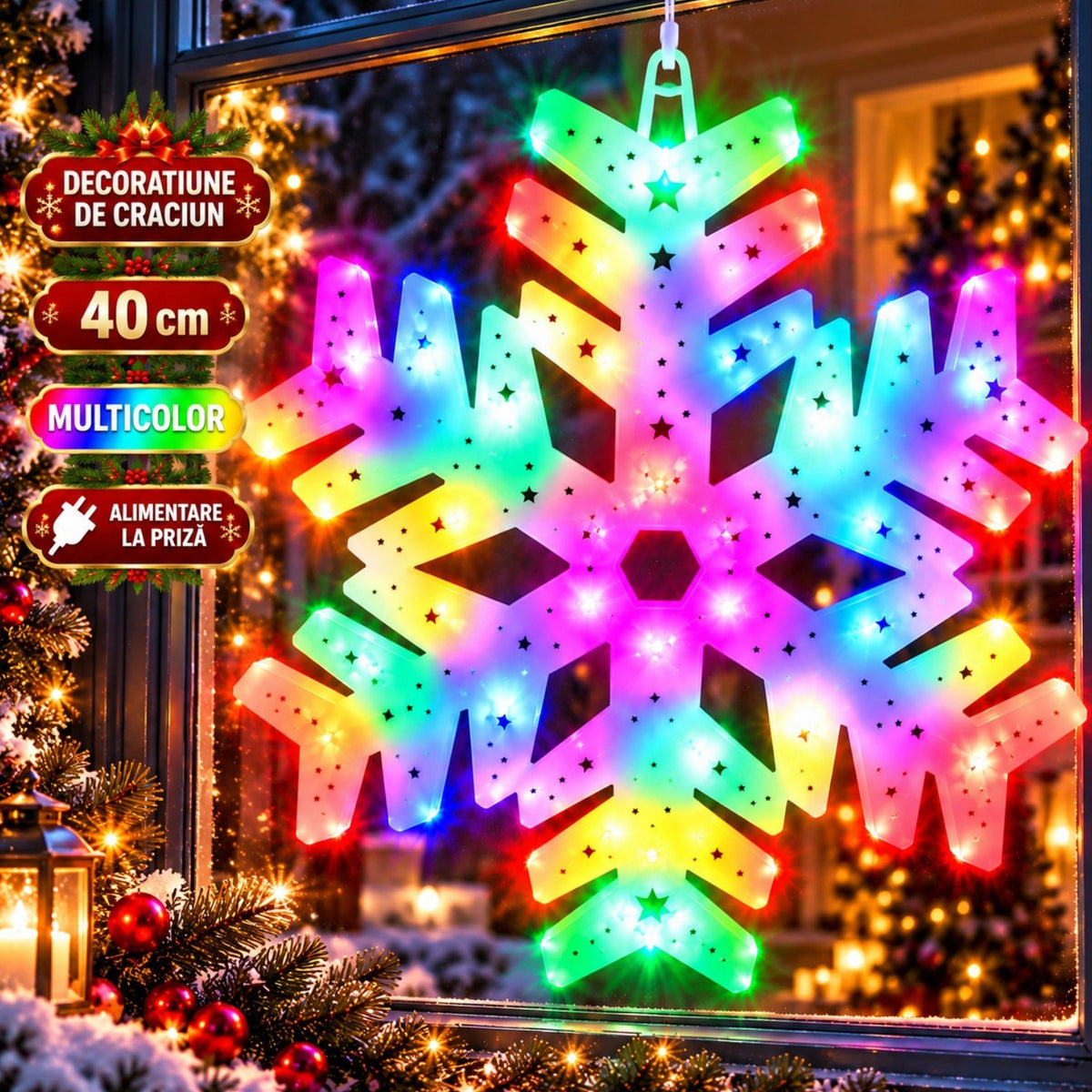 Decoratiune de Crăciun 40x40cm Fulg, Instalatie cu Lumină LED Multicoloră, pentru Interior și Exterior Engros