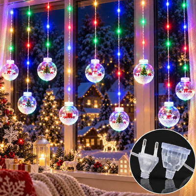 Instalatie LED de Craciun 3m, cu 10 Globuri de 8.5cm, Figurine si Zapada Artificiala din Polistiren, Lumina Multicolora, Jocuri de Lumini, Efect Flash, Interconectabila Engros