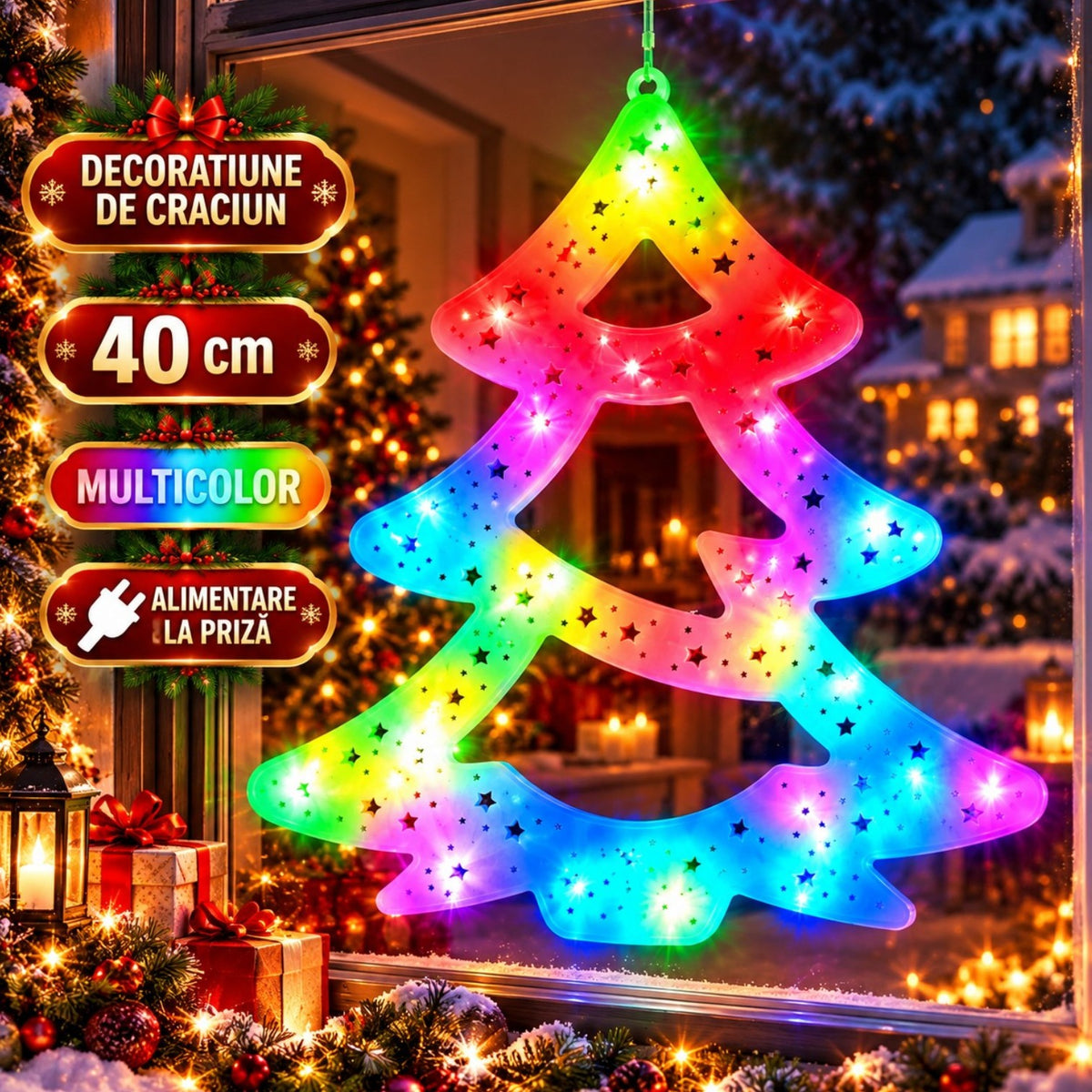 Decoratiune de Craciun Brad, 40x37cm, Ornament Geam cu Instalatie LED Multicolora, Alimentare la Priza Engros