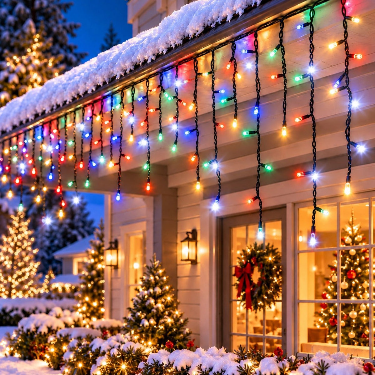 Instalație de Crăciun Tip Franjuri 25m, 400 LED-uri, Lumină Multicolora, Fir Negru, Jocuri de Lumini și Flash Alb, Mufă Interconectabilă Engros