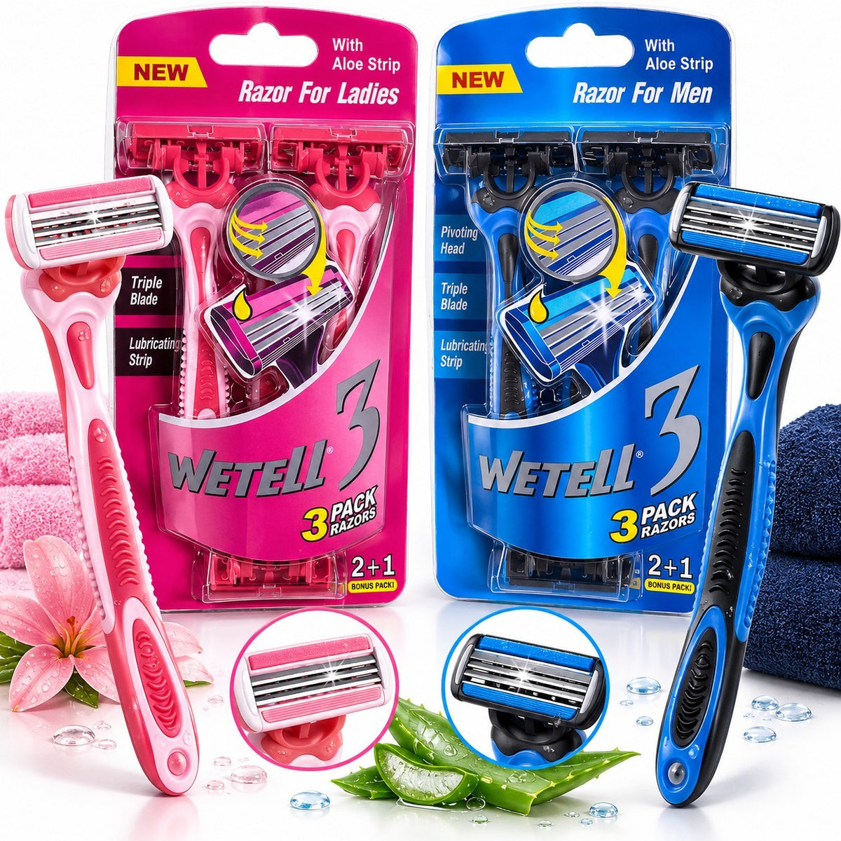Aparate de Ras 3 Buc/Set, 3 Lame, Banda Lubrifianta cu Aloe Vera, pentru Femei si Barbati Engros