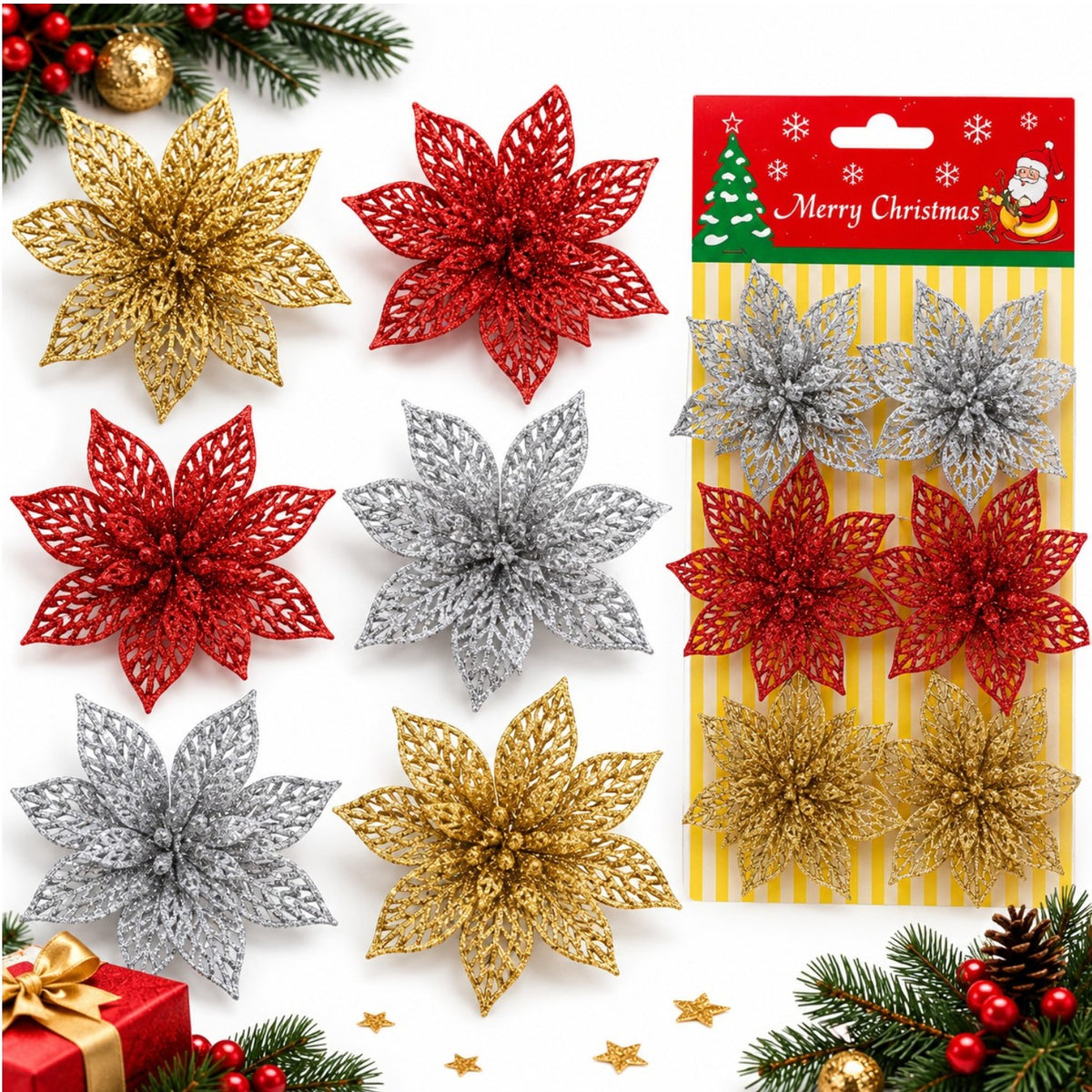 Ornamente pentru Brad 6/set, de Craciun 8cm cu Sclipici, Model Craciunite, Diferite Culori Engros