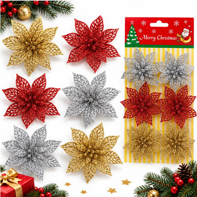 Ornamente pentru Brad 6/set, de Craciun 8cm cu Sclipici, Model Craciunite, Diferite Culori Engros