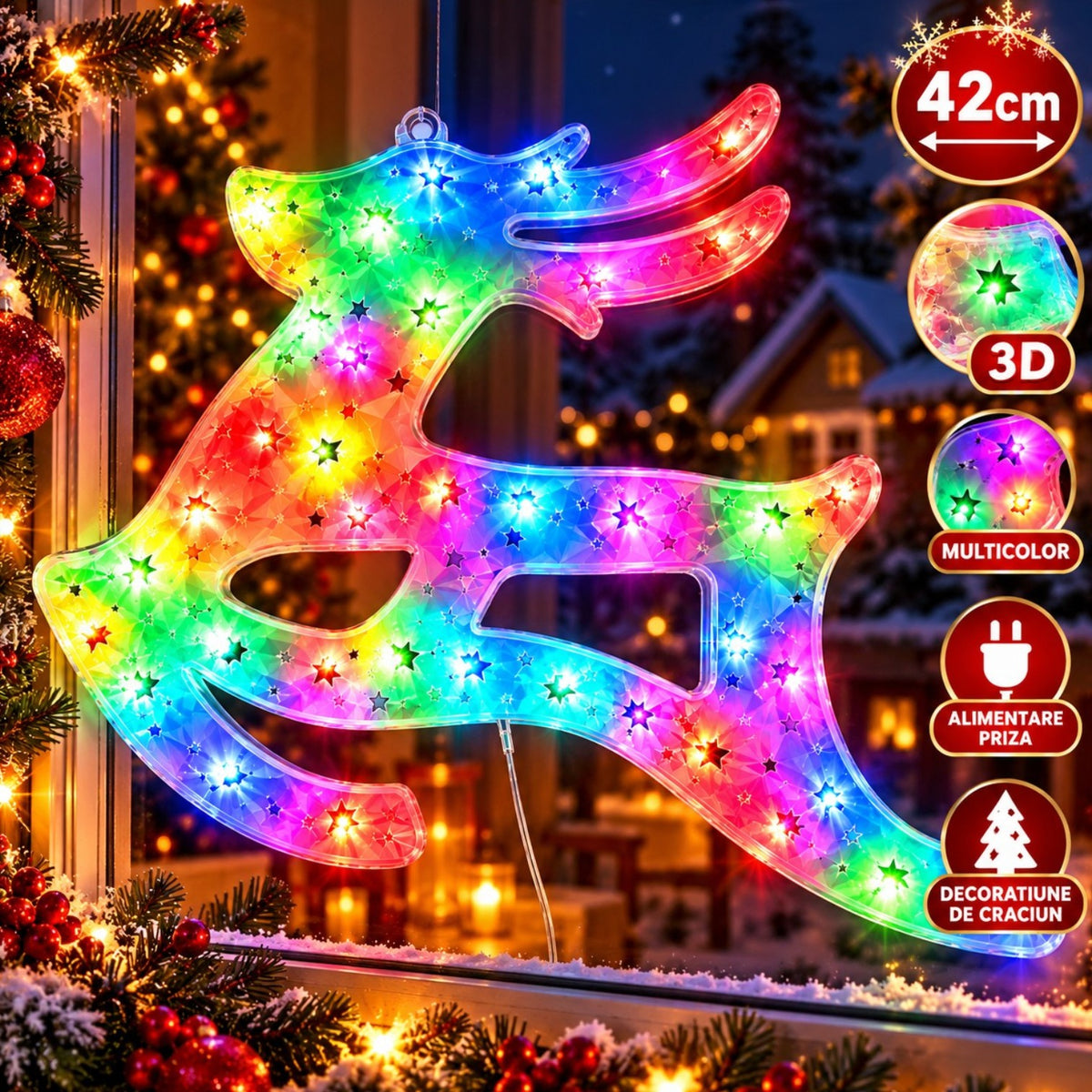 Decoratiune de Crăciun 42x27cm Ren, Instalatie cu Lumină LED Multicoloră, pentru Interior și Exterior Engros