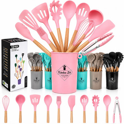 Ustensile de Bucătărie 12/set din Silicon cu Mânere 21cm, din Lemn 500g Diferite Culori Engros