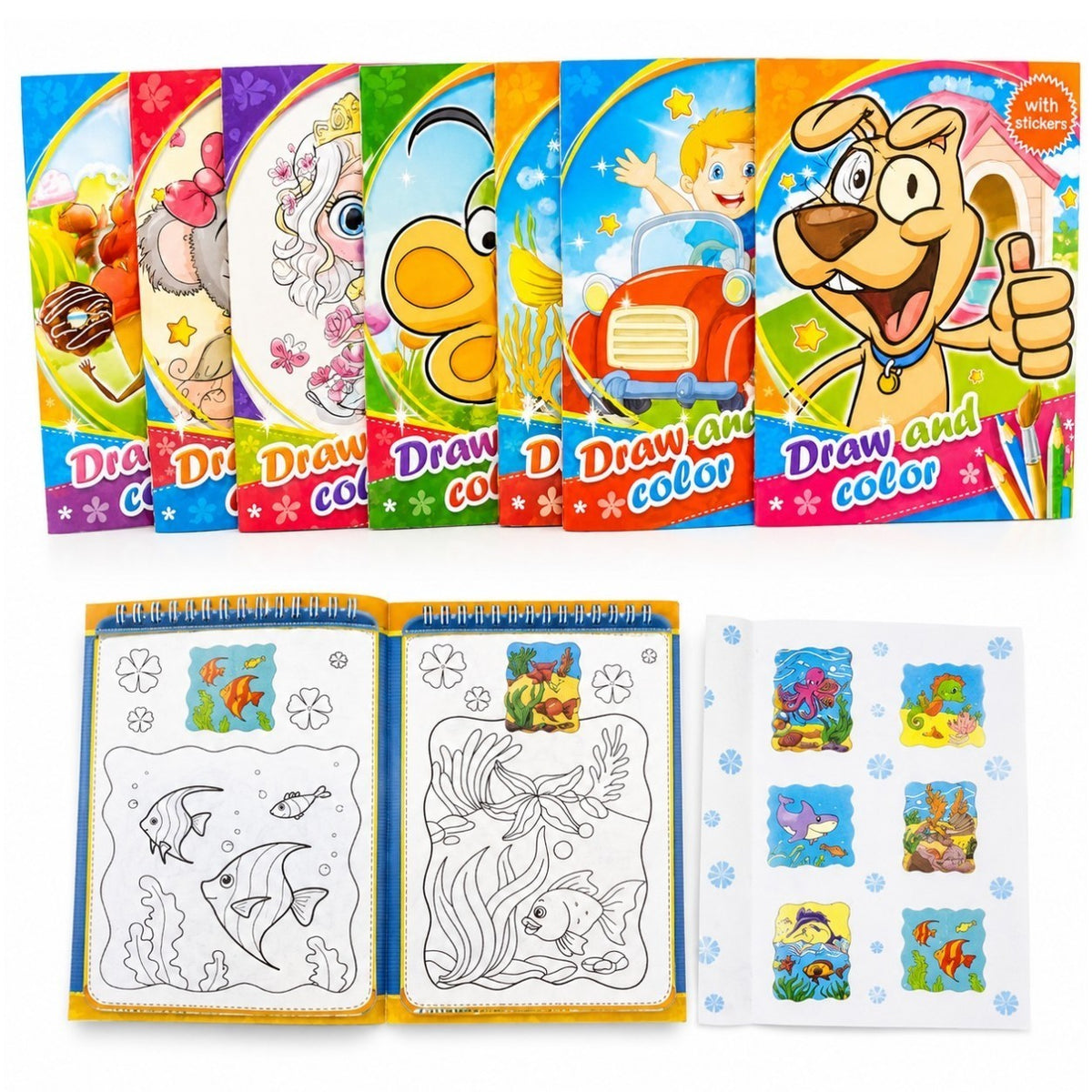 Cărți de Colorat 12/set cu Stickere A4, 28x21cm Diferite Modele Engros