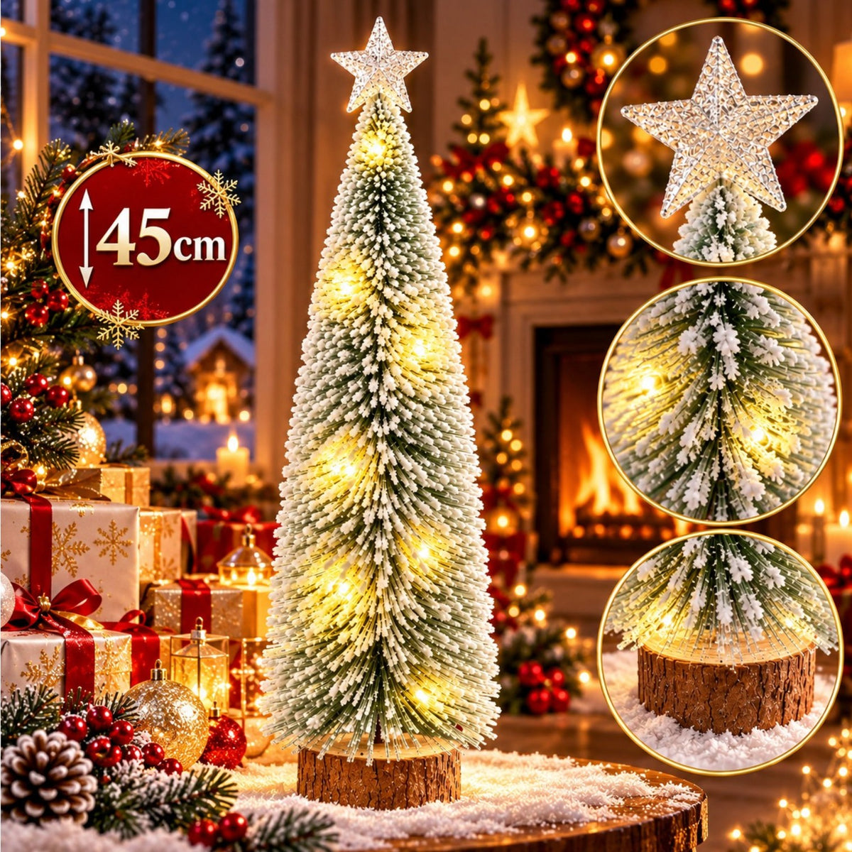 Brad Decorativ 45cm de Crăciun cu Luminite LED Calde, și Stea Strălucitoare în Vârf Model cu Zăpadă Artificială Engros+aQRT