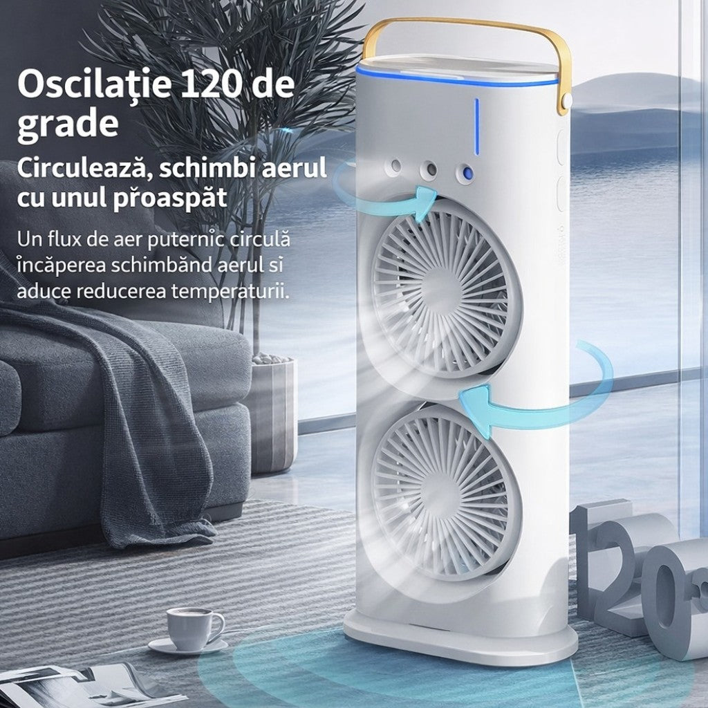 Ventilator Portabil cu Pulverizare Apă 37x16 cm, Răcire cu Gheață, Baterie Reîncărcabilă USB, cu Mâner Iluminare LED Multicolor Engros
