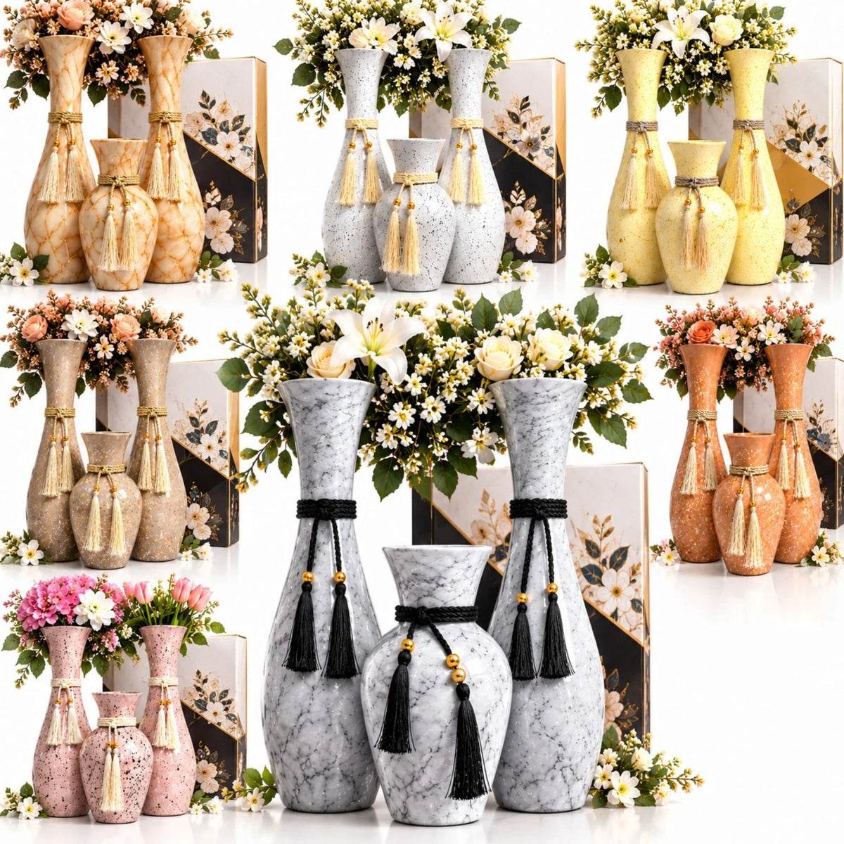Vaze Decorative din Sticla, 3/Set, Diferite Culori Deschise cu Efect Stropit, Snur si Ciucuri Eleganti, 2 Vaze Mari de 37 cm si 1 Vaza Mica de 22 cm, Engros