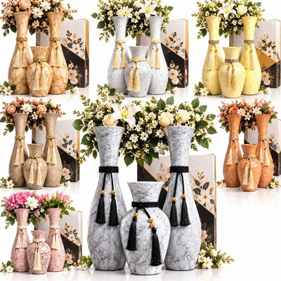 Vaze Decorative din Sticla, 3/Set, Diferite Culori Deschise cu Efect Stropit, Snur si Ciucuri Eleganti, 2 Vaze Mari de 37 cm si 1 Vaza Mica de 22 cm, Engros