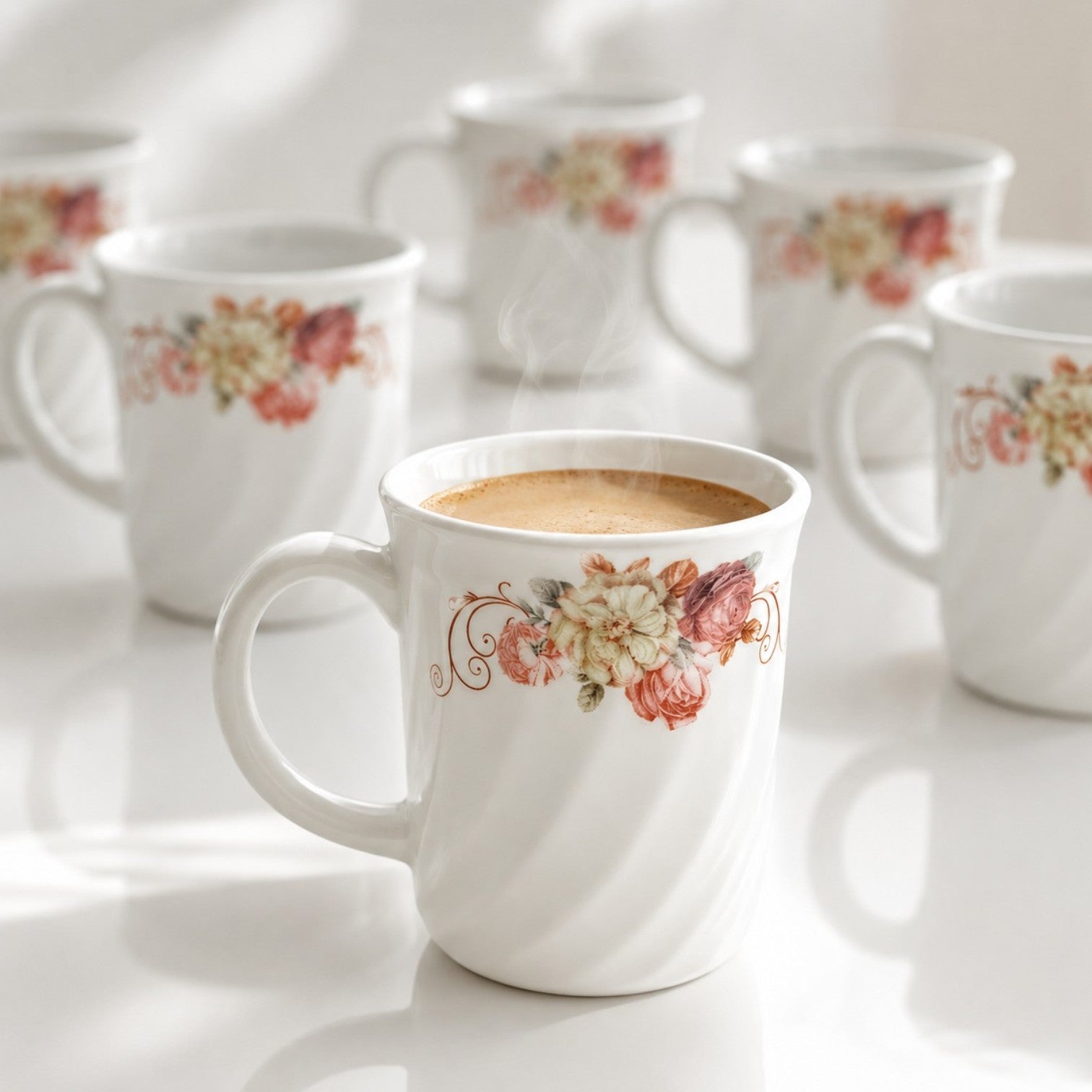 Cană din Opal 6/set, 9x8cm, Model Floral Engros