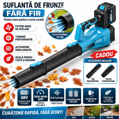 Suflanta de Frunze Fara Fir 78cm, cu 2 Acumulatori 48V si Incarcator, Portabila, 5000-18000 RPM, Debit Aer 4.1 m³/min Engros