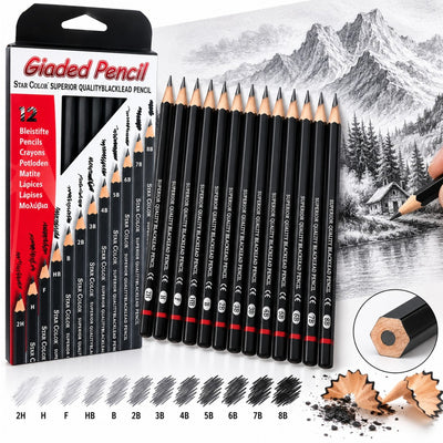 Creioane Grafit Profesionale 12 Buc/Set, 12 Seturi/Tipla pentru Desen si Schite, Grade 2H–8B, Diferite Duritati Engros