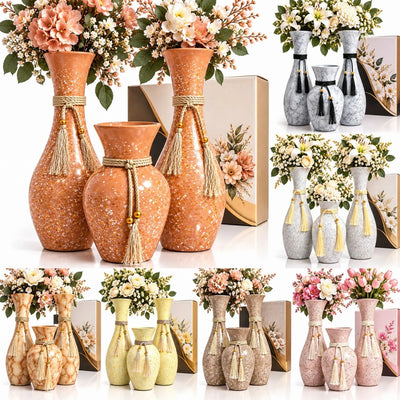 Vaze Decorative din Sticla, 3/Set, Diferite Culori Deschise cu Efect Stropit, Snur si Ciucuri Eleganti, 2 Vaze Mari de 37 cm si 1 Vaza Mica de 22 cm, Engros