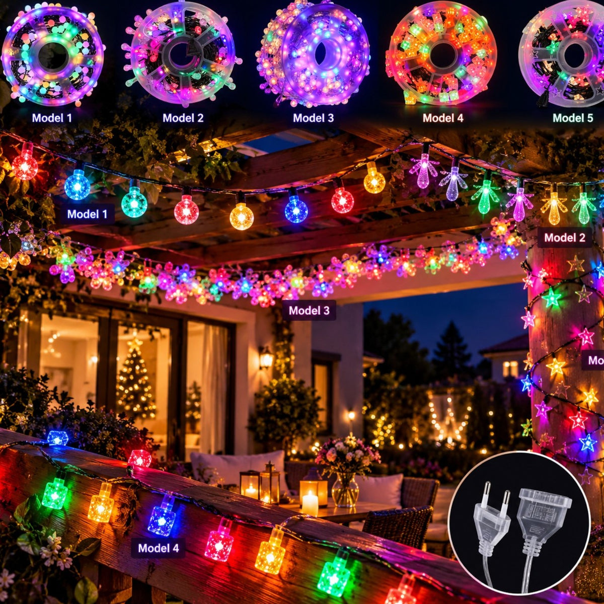 Instalatie LED Liniara Interconectabila pe Rola 30m, Fir Negru, 120 LED-uri Globulet 2cm, Lumina Multicolora, Diferite Modele, Interior si Exterior Engros