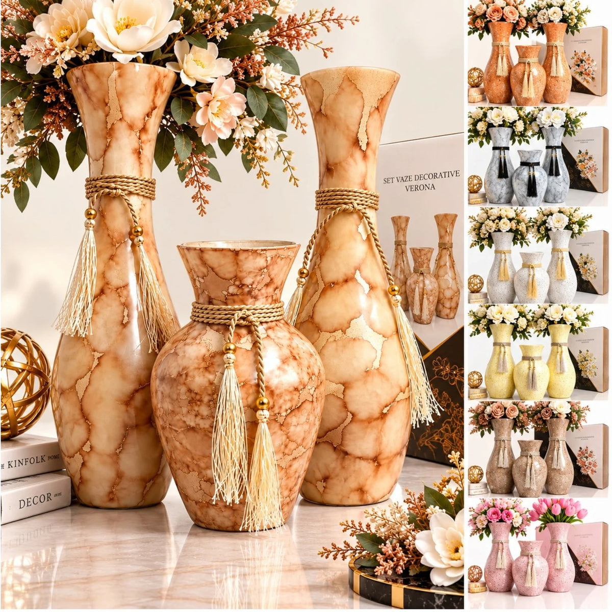 Vaze Decorative din Sticla, 3/Set, Diferite Culori Deschise cu Efect Stropit, Snur si Ciucuri Eleganti, 2 Vaze Mari de 37 cm si 1 Vaza Mica de 22 cm, Engros