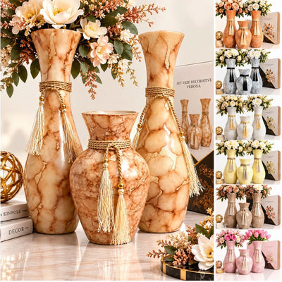Vaze Decorative din Sticla, 3/Set, Diferite Culori Deschise cu Efect Stropit, Snur si Ciucuri Eleganti, 2 Vaze Mari de 37 cm si 1 Vaza Mica de 22 cm, Engros