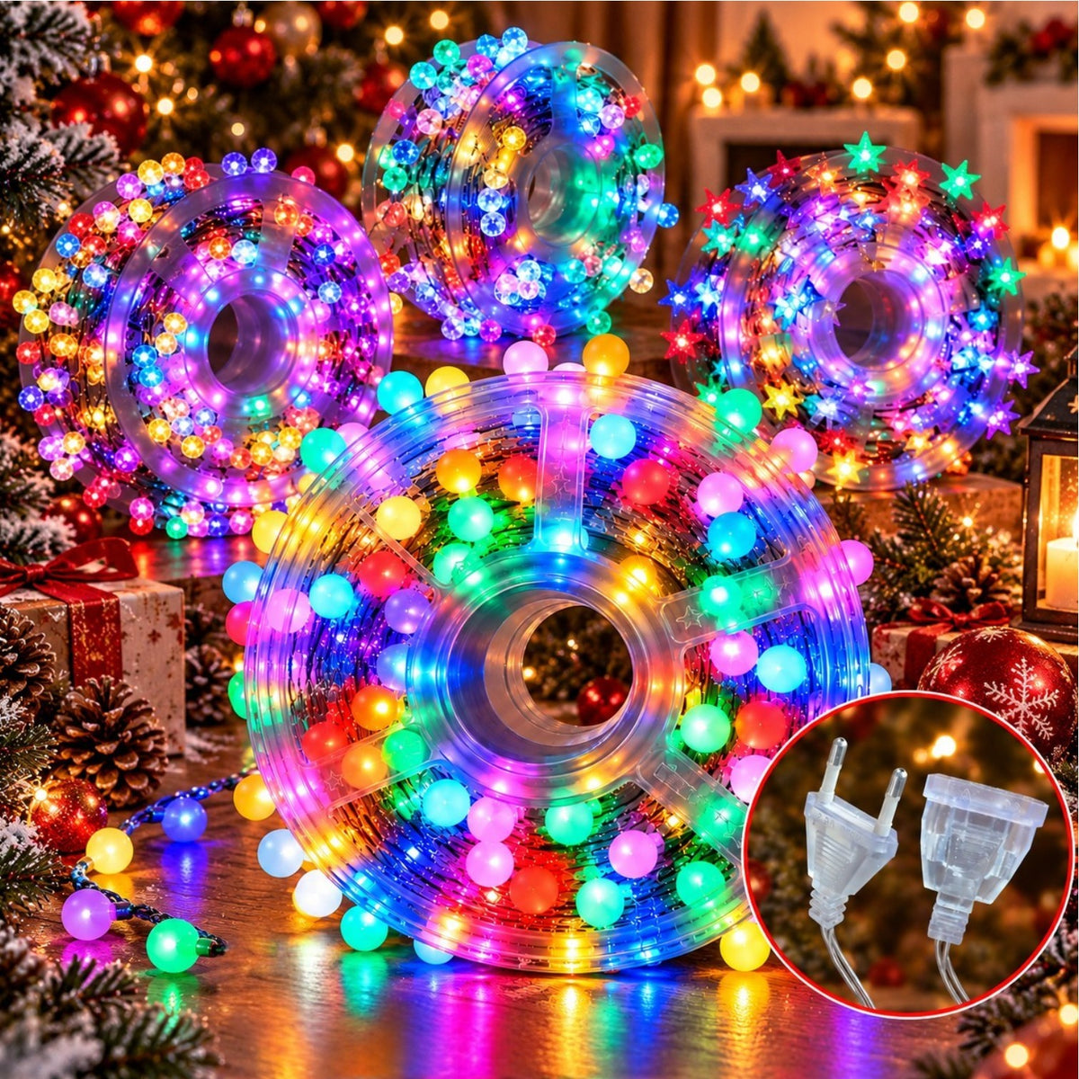Instalatie LED Liniara Interconectabila pe Rola 30m, Fir Negru, 120 LED-uri Globulet 2cm, Lumina Multicolora, Diferite Modele, Interior si Exterior Engros