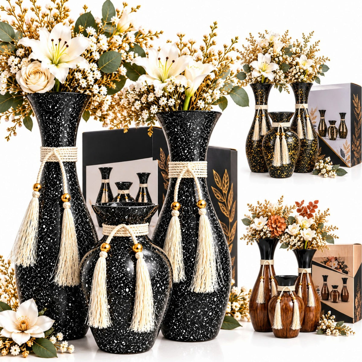 Vaze Decorative din Sticla, 3/Set, Diferite Culori Inchise cu Efect Stropit, Snur si Ciucuri Eleganti, 2 Vaze Mari de 37 cm si 1 Vaza Mica de 22 cm Engros