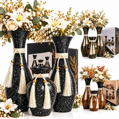 Vaze Decorative din Sticla, 3/Set, Diferite Culori Inchise cu Efect Stropit, Snur si Ciucuri Eleganti, 2 Vaze Mari de 37 cm si 1 Vaza Mica de 22 cm Engros