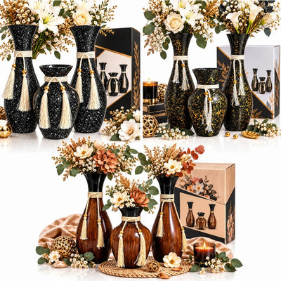 Vaze Decorative din Sticla, 3/Set, Diferite Culori Inchise cu Efect Stropit, Snur si Ciucuri Eleganti, 2 Vaze Mari de 37 cm si 1 Vaza Mica de 22 cm Engros