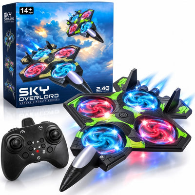 Drona Avion de Lupta Sky Overlord 20cm cu Telecomanda 2.4G, Lumini LED, 4 Elice si Efecte Luminoase, Diferite Culori Engros