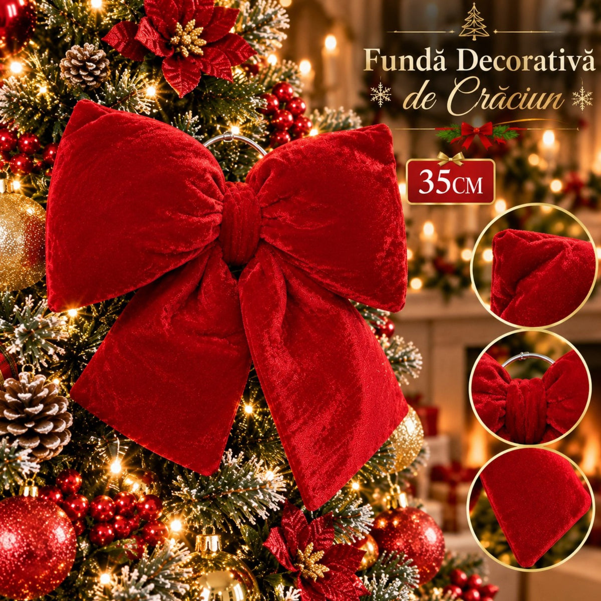 Fundă Decorativă de Crăciun 35x26cm, Roșie din Catifea, Bufantă și Voluminoasă, cu Agățătoare Metalică, pentru Brad, Uși, Coronițe și Ghirlande Engros