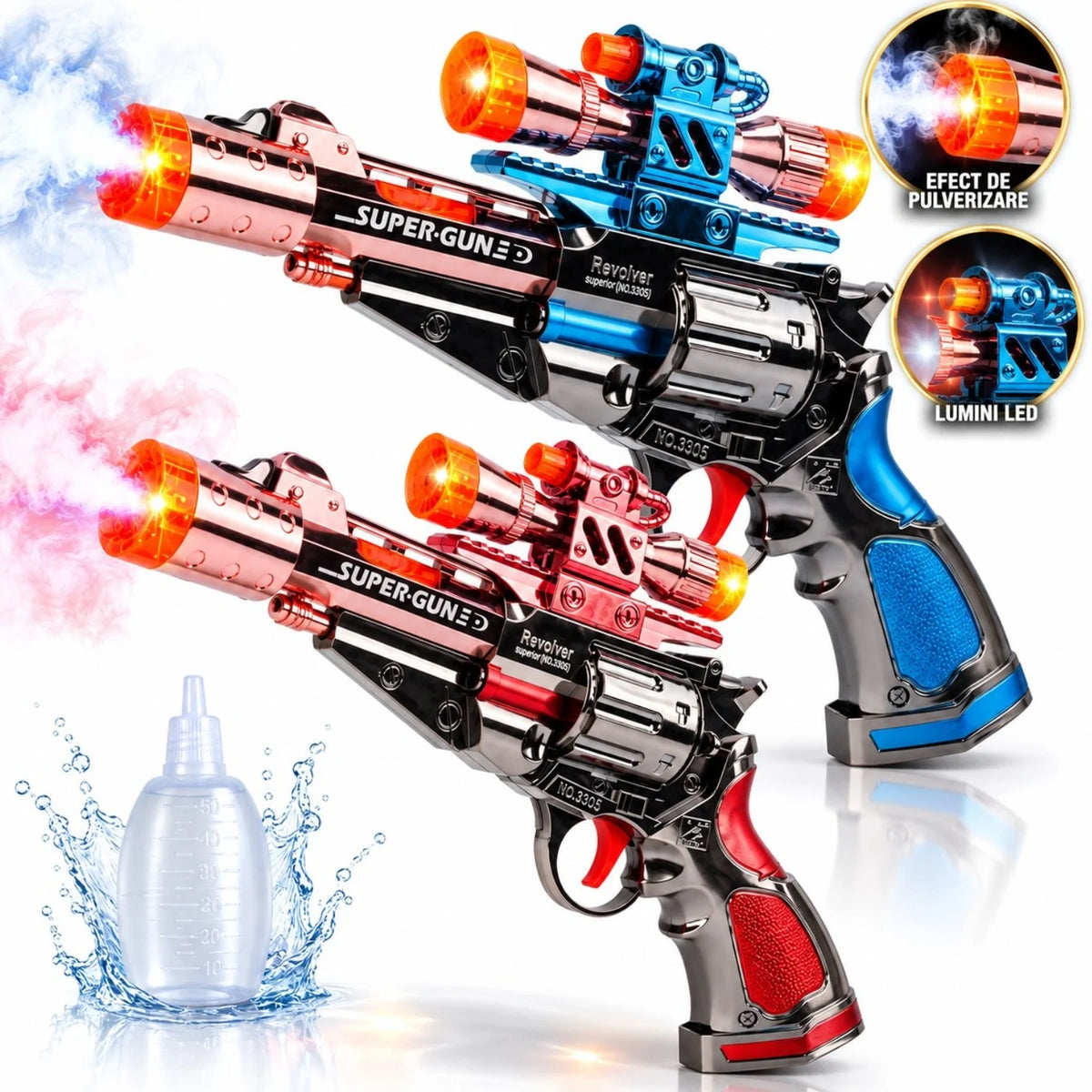 Pistol de Jucarie Spatial 28x23cm, cu Fum, Sunete, Lumini LED, Luneta si Efecte Interactive, Diferite Culori Engros