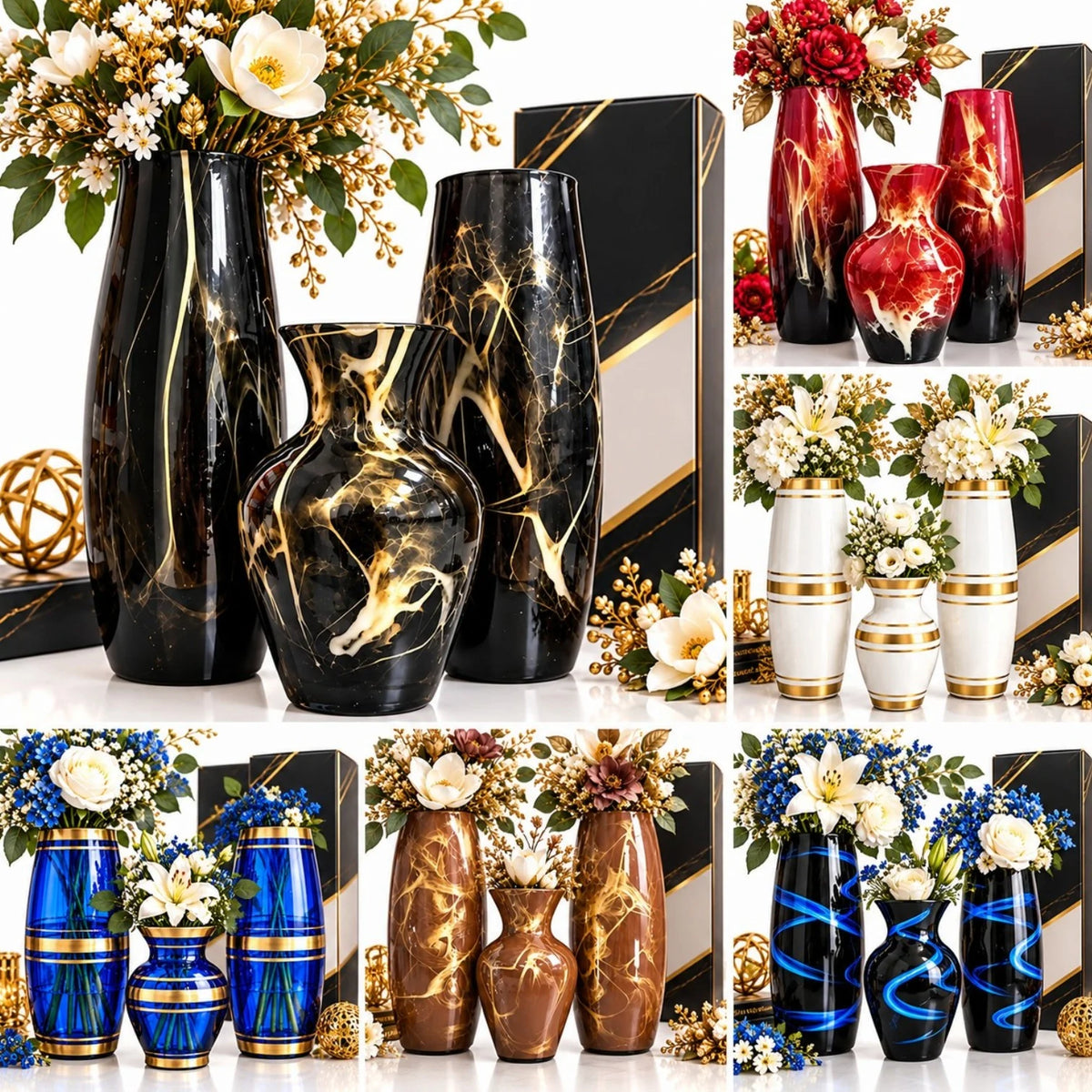 Vaze Decorative din Sticla, 3/Set, Diferite Culori si Modele, 2 Vaze Mari de 40 cm si 1 Vaza Mica de 22 cm Engros