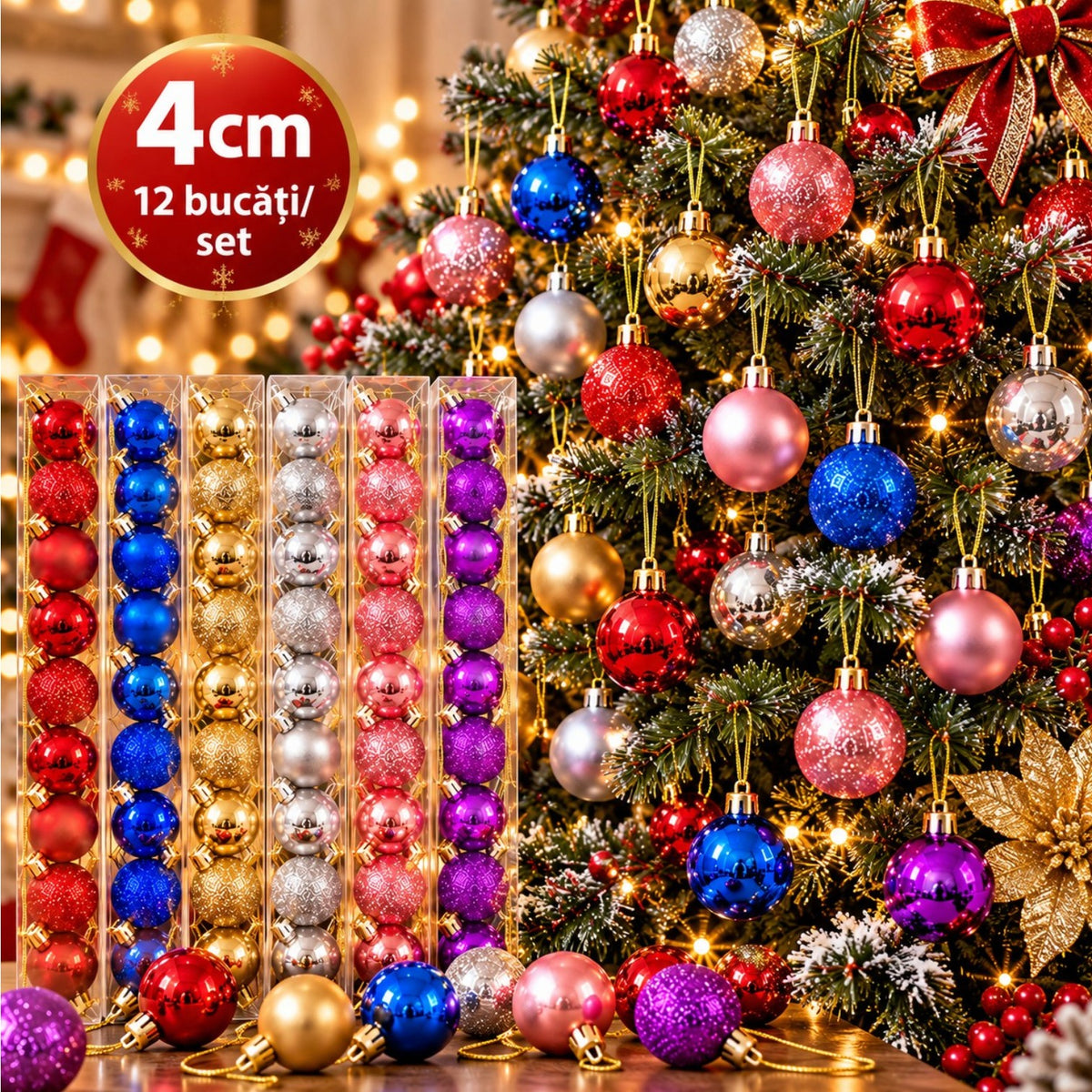 Globuri de Crăciun 12 Bucăți/Set, 4cm, Diverse Culori, Lucioase, Mate și cu Sclipici, pentru Brad Engros
