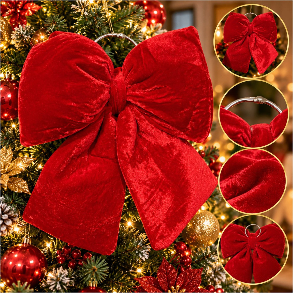 Fundă Decorativă de Crăciun 35x26cm, Roșie din Catifea, Bufantă și Voluminoasă, cu Agățătoare Metalică, pentru Brad, Uși, Coronițe și Ghirlande Engros