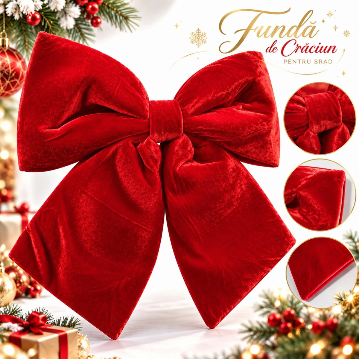 Fundă Decorativă de Crăciun 42x37cm, Roșie din Catifea, cu Agățătoare, pentru Vârful Bradului, Coronițe și Ghirlande Engros