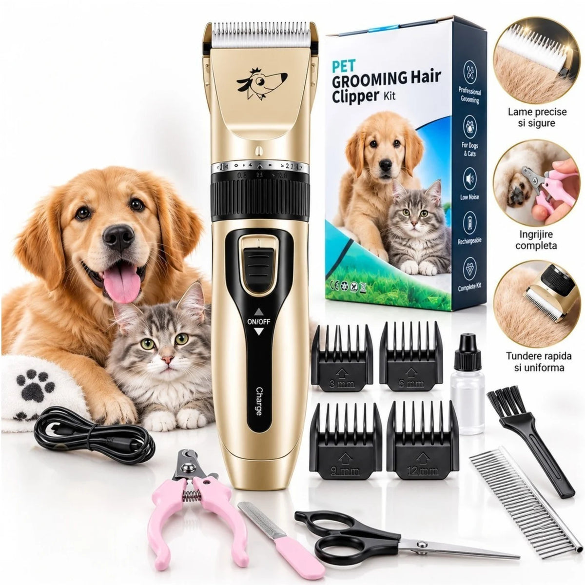 Aparat de Tuns Caini si Pisici Pet Grooming, Reincarcabil, cu 4 Capete Distantier, Foarfeca, Cleste Unghii, Pila, Pieptene si Accesorii Engros